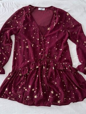 Star Print Burgundy Long Sleeve Dress